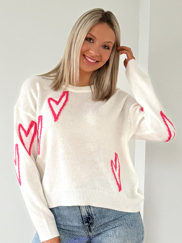 Lola Hearts Crewneck Sweater-Off White