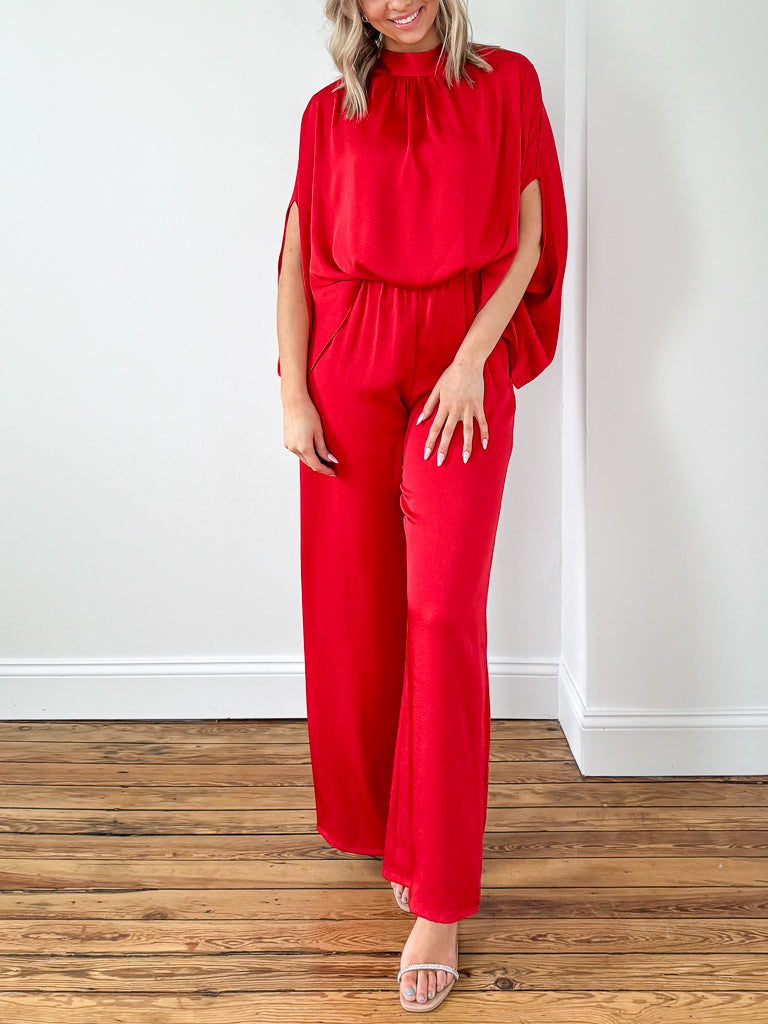 Sarah Poly Silk Caftan Jumpsuit-Red