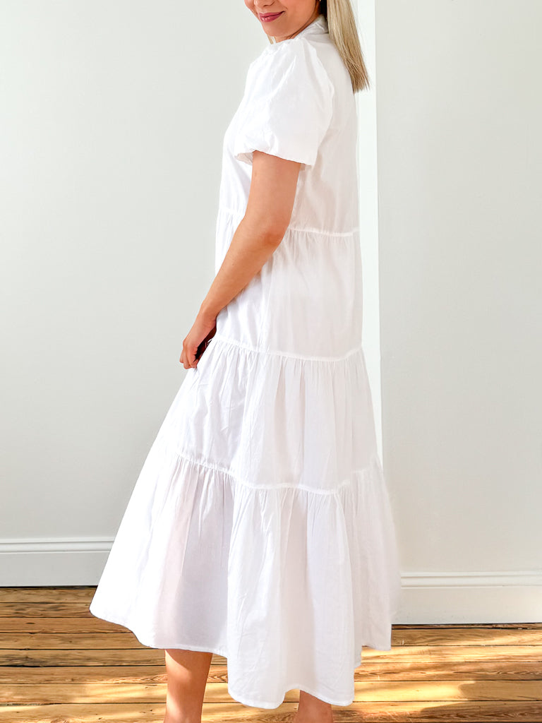 Layla Button Down Flowy Dress-White