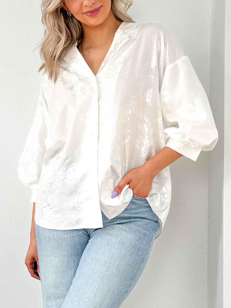 Shimmer Button Down- White