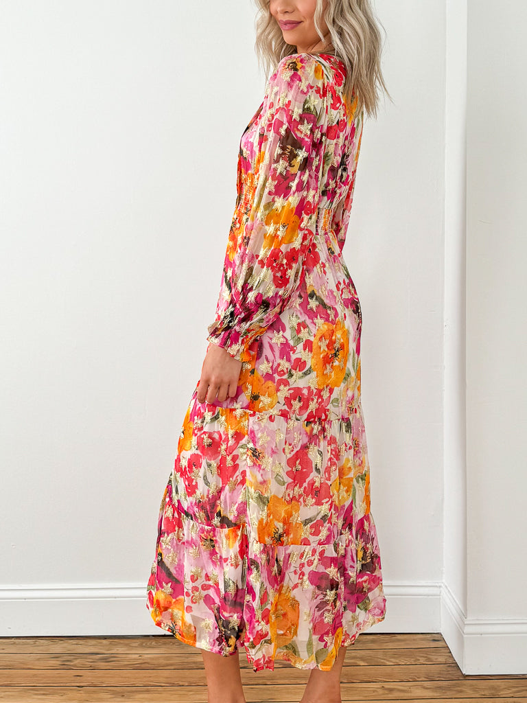 Garden Midi Dress- Metallic Floral