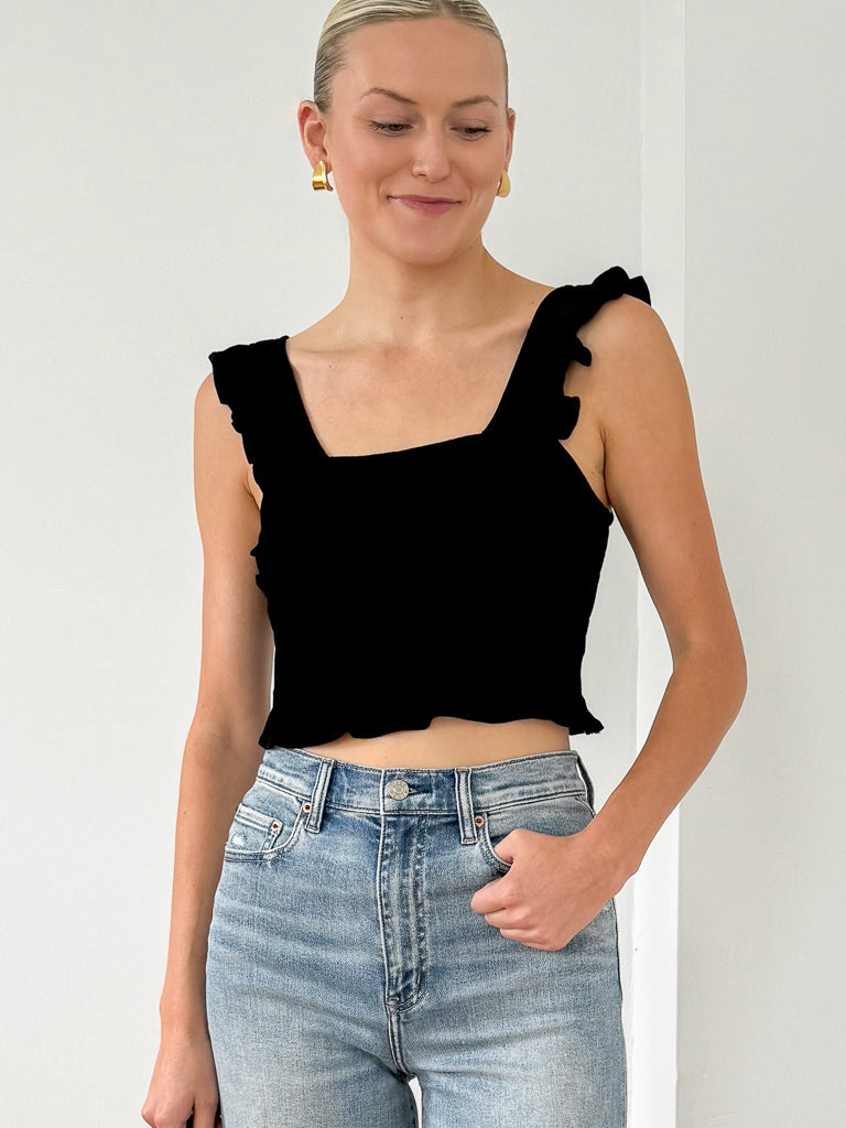 Bardot Cap Sleeve Top-Black