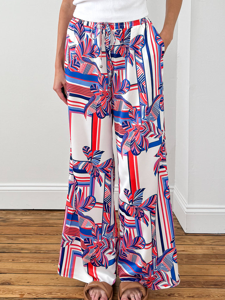 Getaway Wide Leg Pants- Cream/Blue/Coral