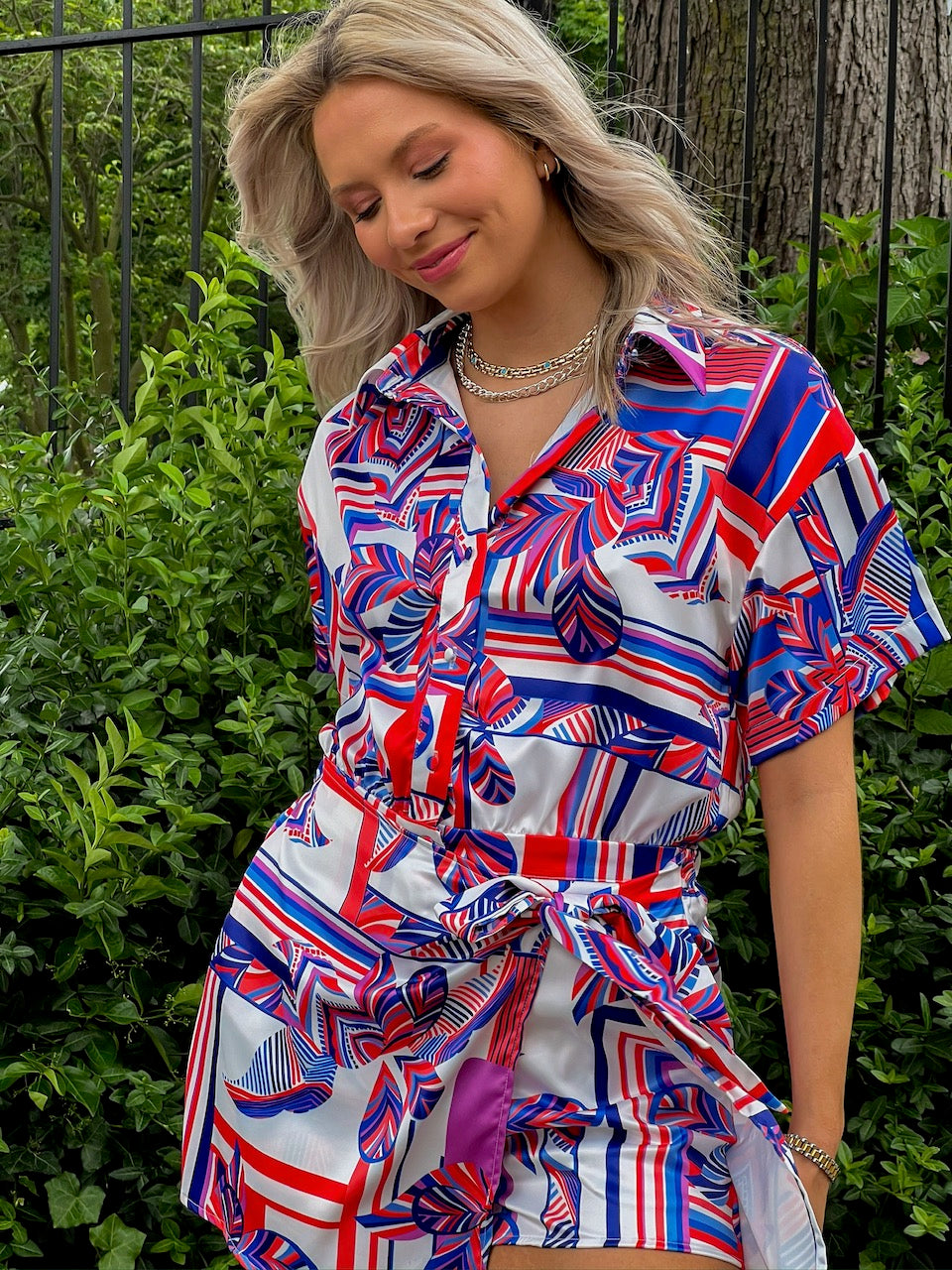 Getaway Front Tie Romper- Cream/Blue/Coral