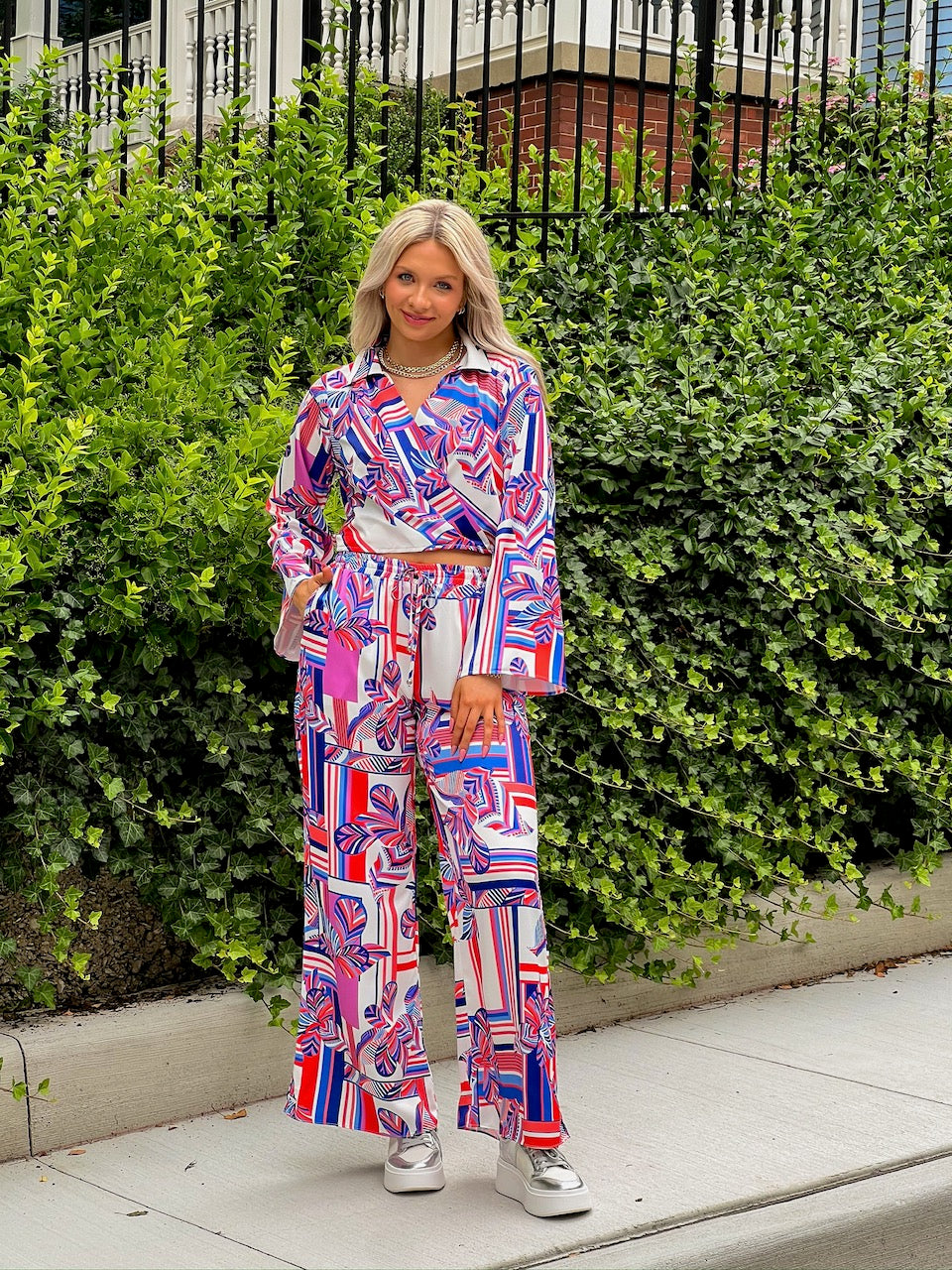 Getaway Wide Leg Pants- Cream/Blue/Coral