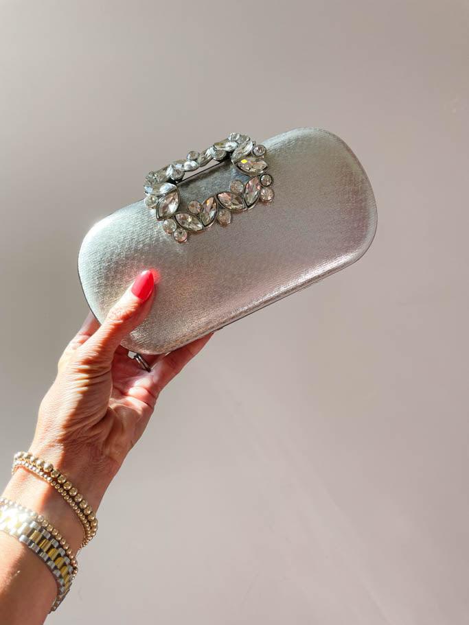 Oval Rhinestone Box Clutch - Silver - Flutter