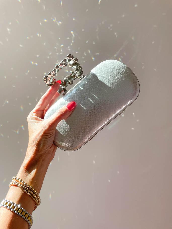 Oval Rhinestone Box Clutch - Silver - Flutter