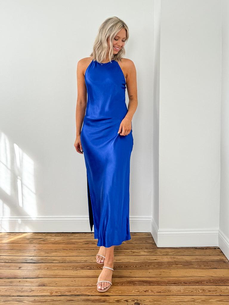high neck slip dress is created in a jaw dropping cobalt blue hue,