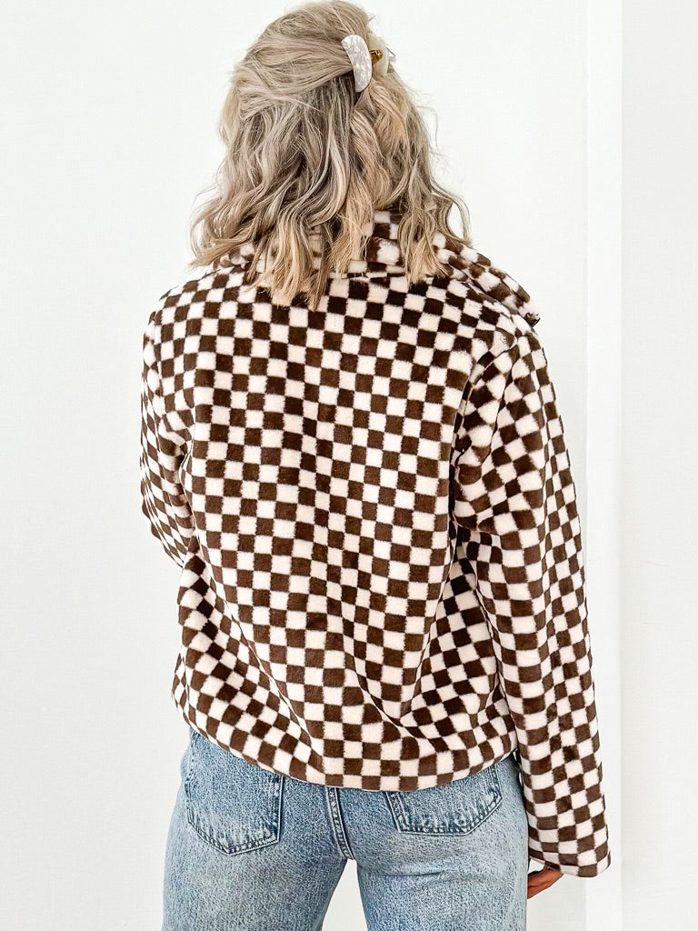 Gabby Checkered Fur Jacket - Mocha