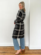 Tino Longline Belted Coat - Charcoal Plaid