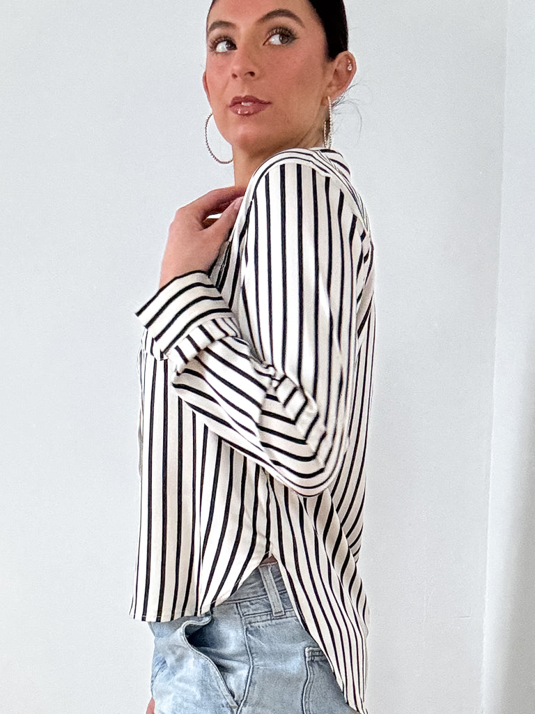 Sherrie Button Down Top-Ivory and Black