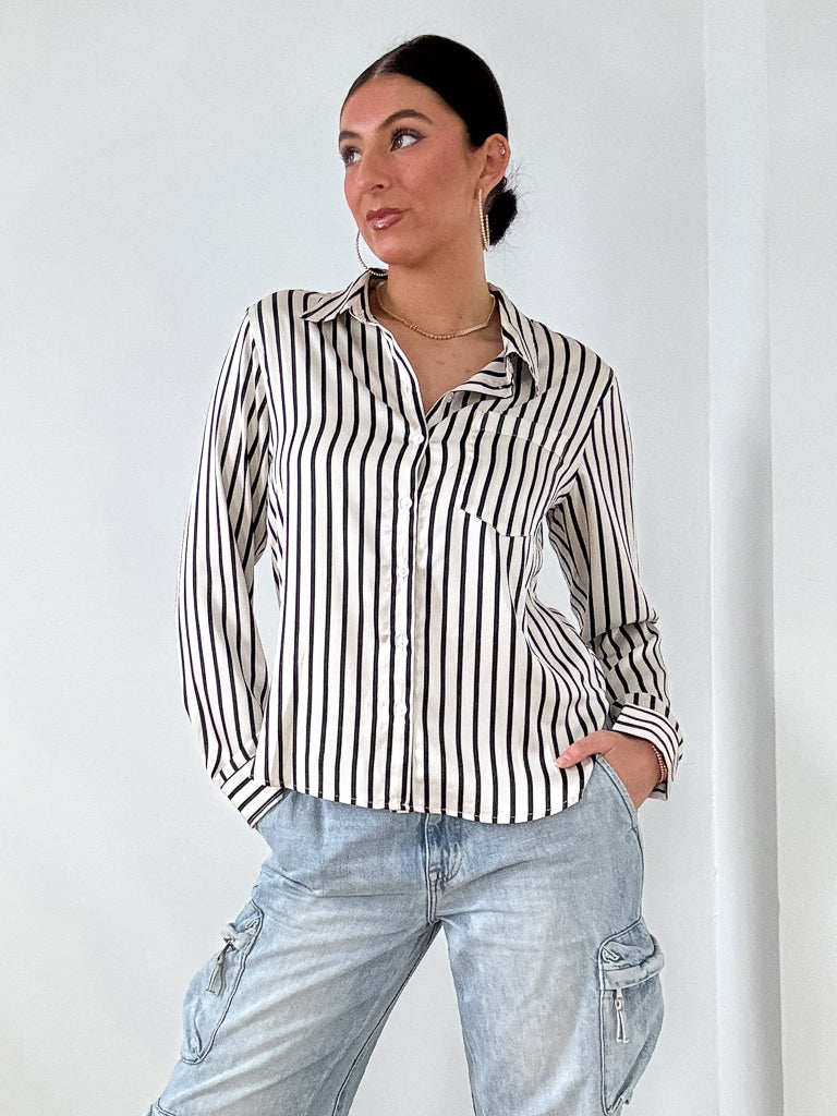 Sherrie Button Down Top-Ivory and Black
