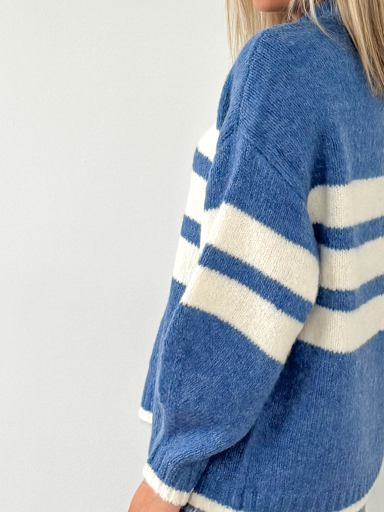 Carlen Mock Neck Sweater- Campanula White Stripe