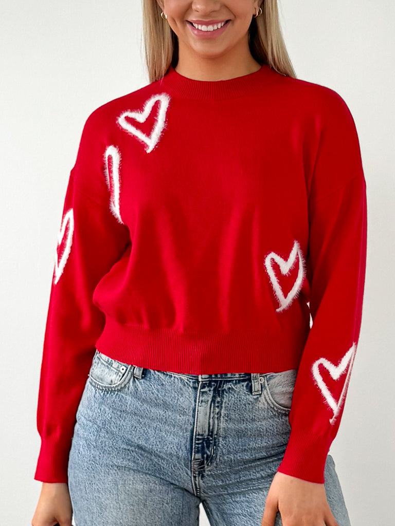 Scattered Hearts Sweater- Red