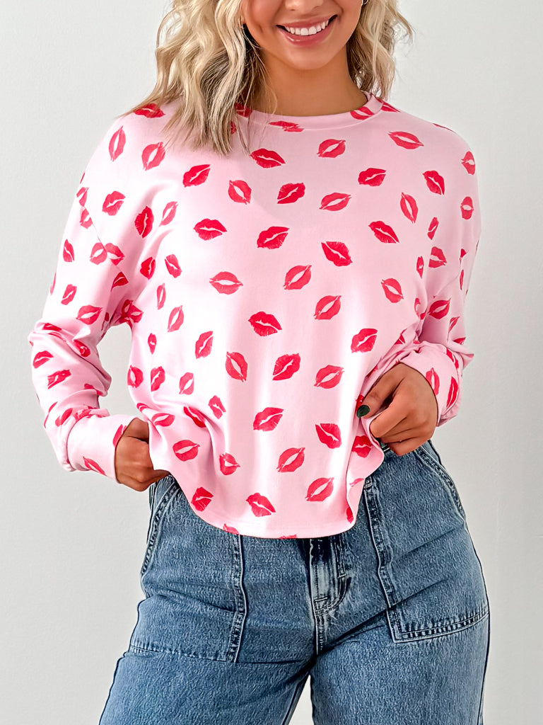 Pucker Up Kisses Long Sleeve Top- Cotton Candy