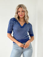 Billie Short Sleeve Sweater-Blue White Stripe