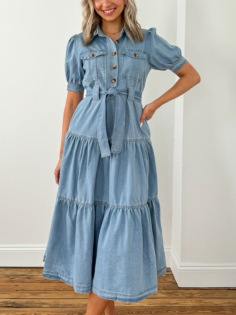 Clara Long Denim Dress With Buttons and Belt-Denim