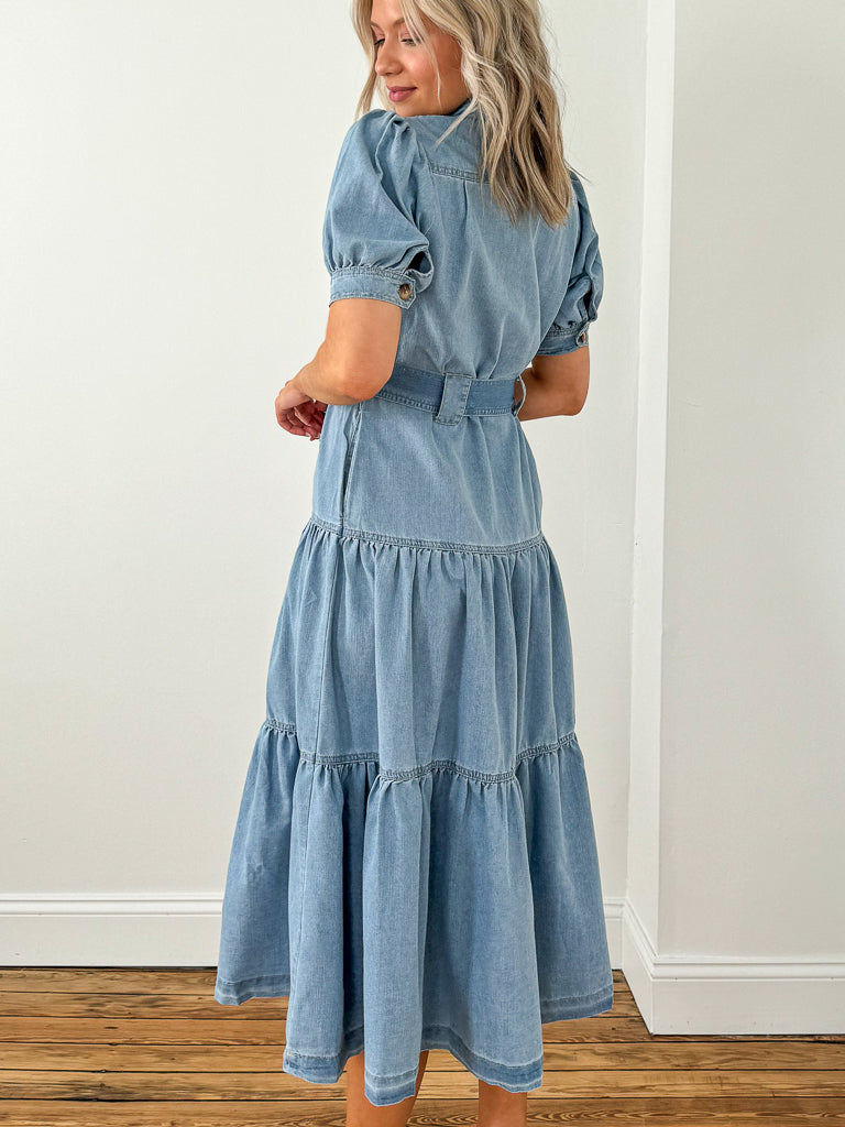 Clara Long Denim Dress With Buttons and Belt-Denim