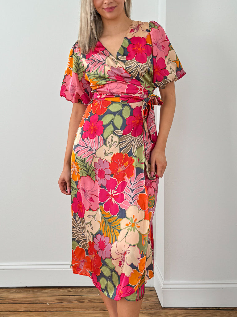 Hawaiian Garden Midi Wrap Dress