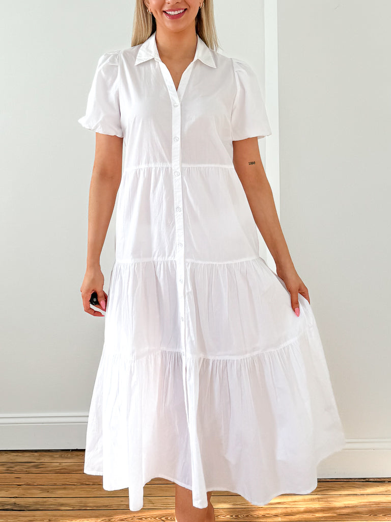 Layla Button Down Flowy Dress-White