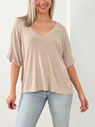 Oh Girl Raw V-Neck Textured Tee-Oyster Beige