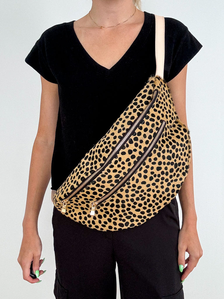 The Flutter Sling Handbag - Cheetah with Natural straps