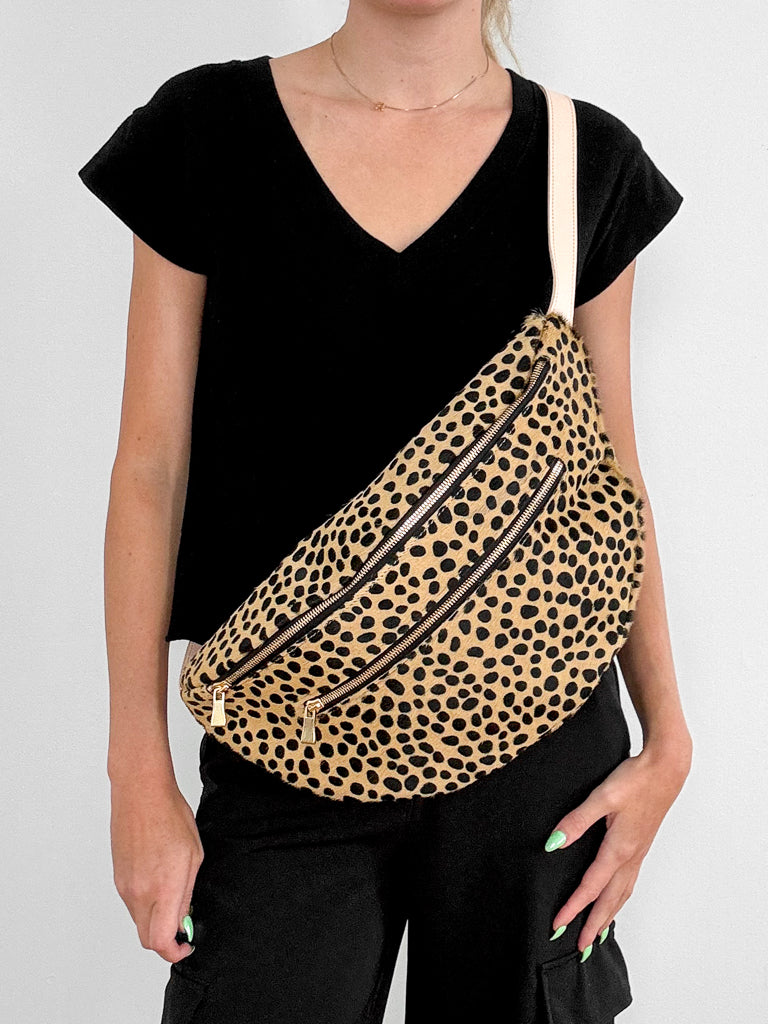 The Flutter Sling Handbag - Cheetah with Natural straps
