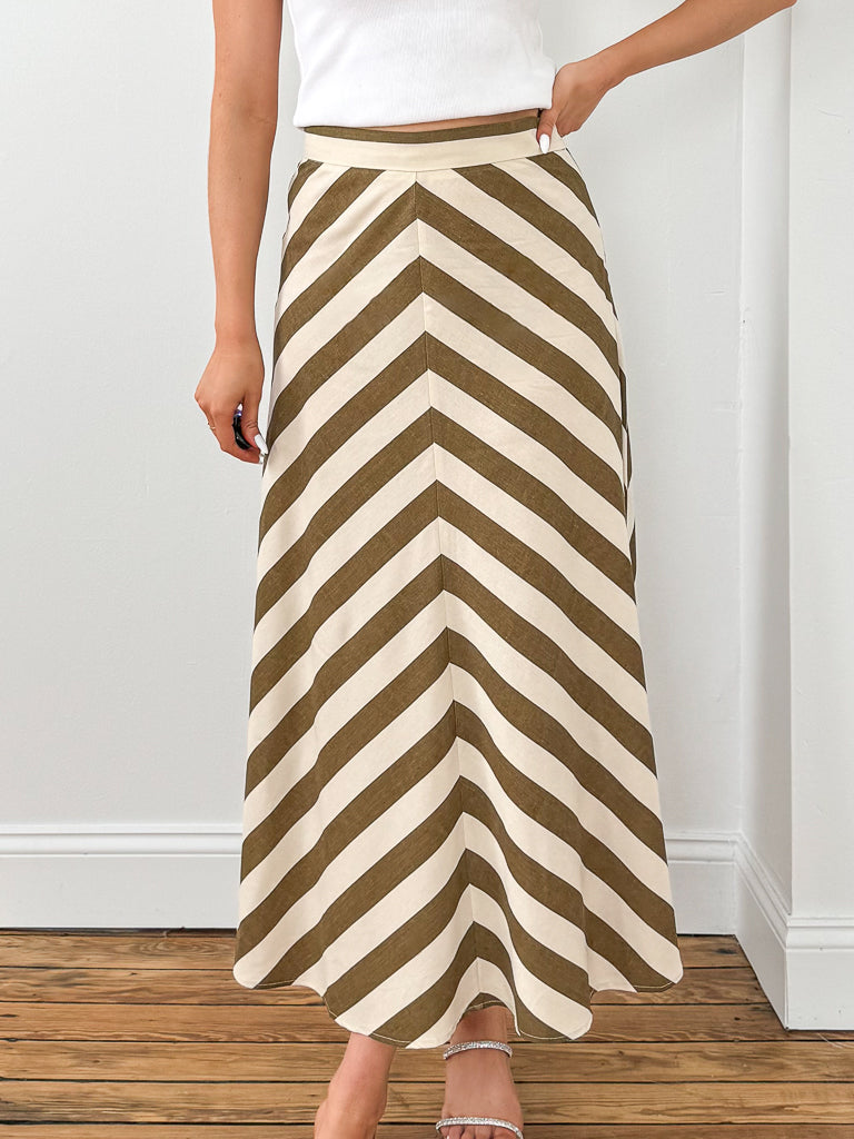Derain Skirt-Striped Linen & Army