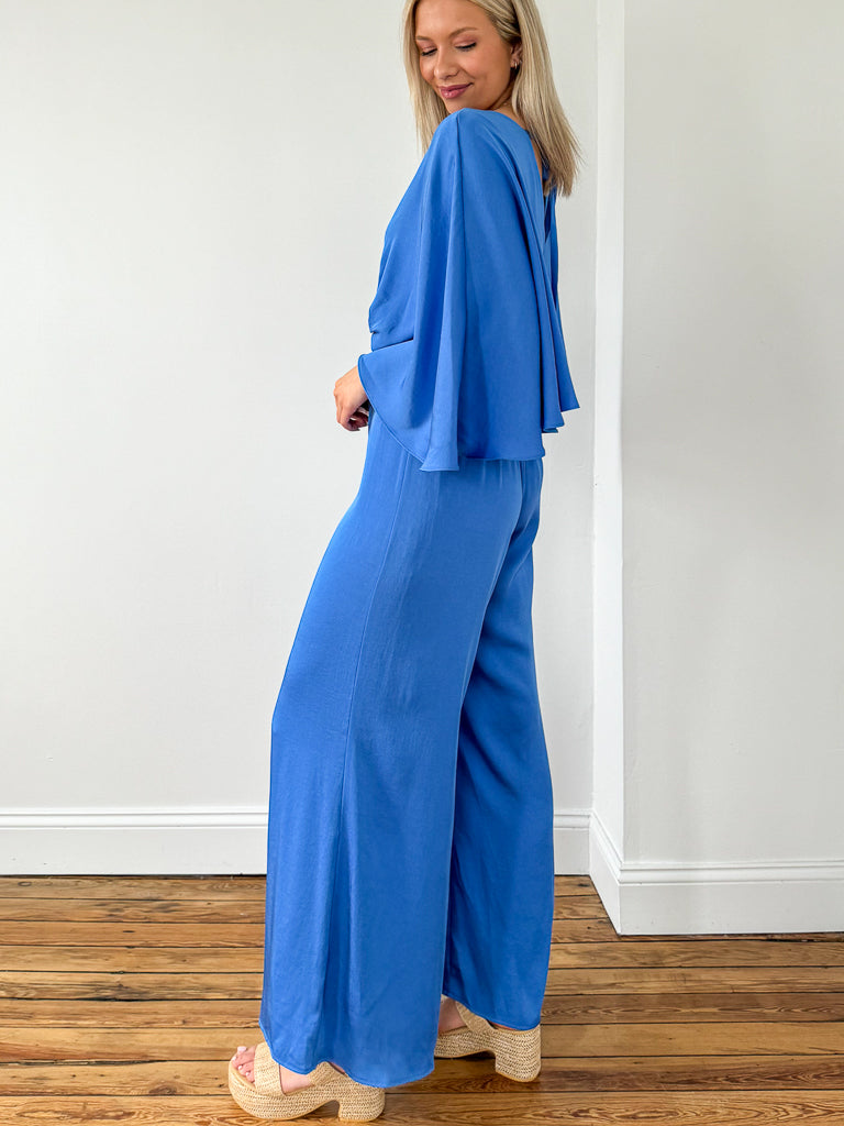 Kelsey Poly Silk Cape Jumpsuit-Clean Blue