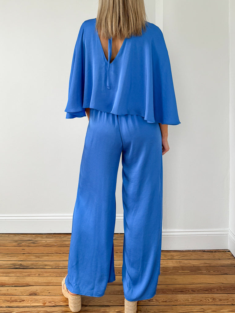 Kelsey Poly Silk Cape Jumpsuit-Clean Blue