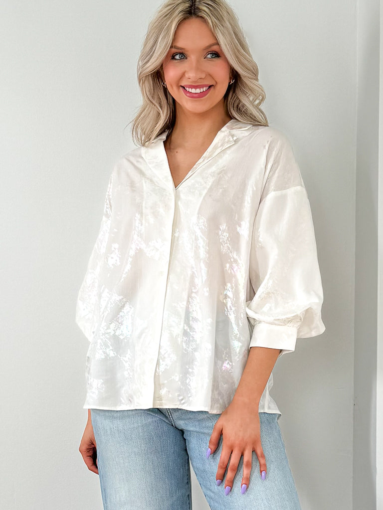 Shimmer Button Down- White