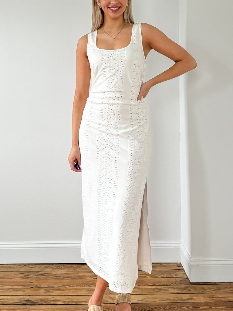 Lilian Knit Eyelet Midi Dress- White