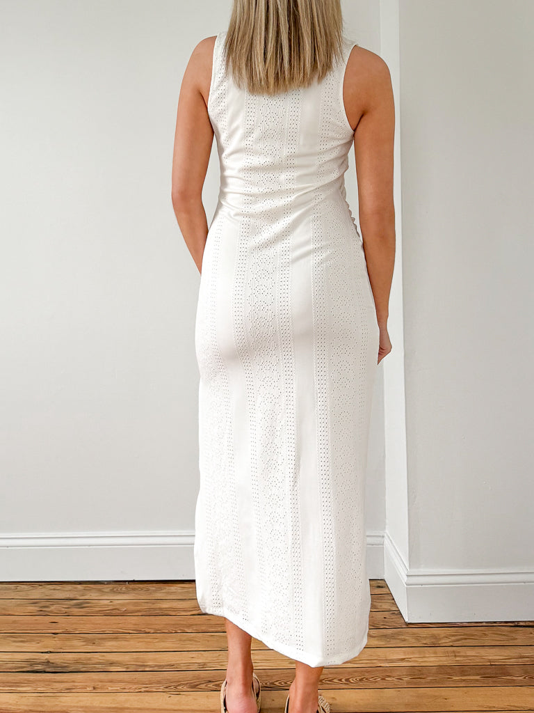 Lilian Knit Eyelet Midi Dress- White