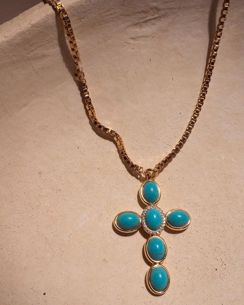The Turquoise Cross Necklace- Gold - Flutter