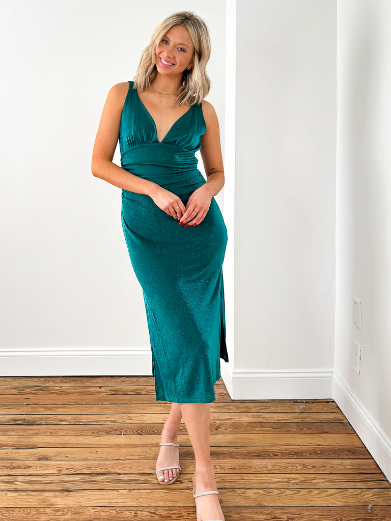 Pearlie Plunging Neck Midi Dress-Teal