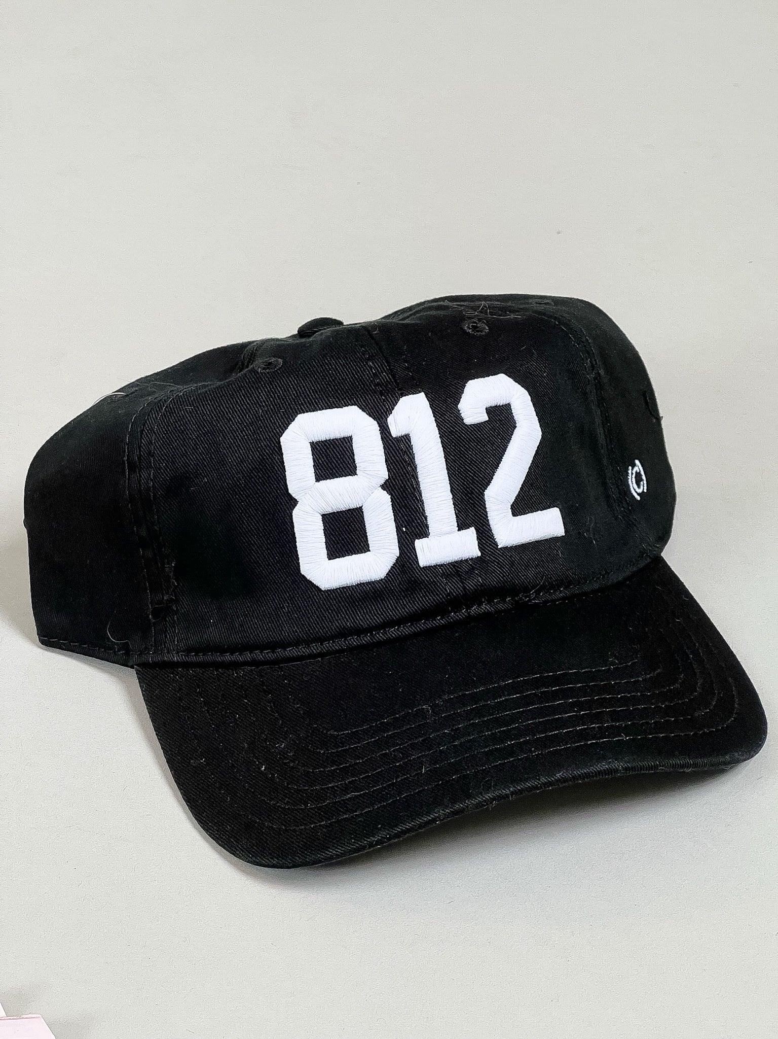 Represent the Hoosier state in the 812 dad hat, black with white stitching.