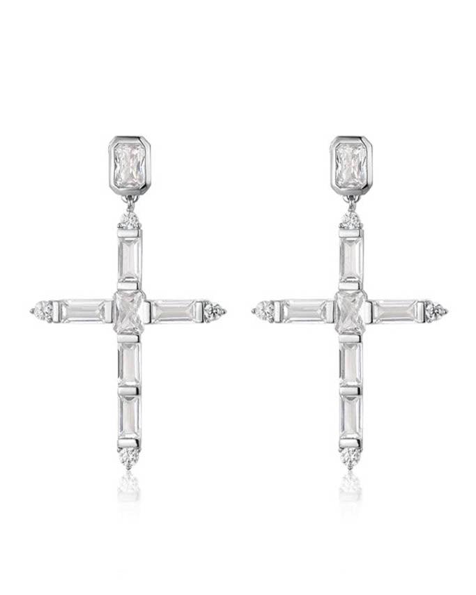 The Baguette Cross Earrings - Silver - Flutter